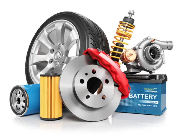 Brake disc, caliper, shock absorber, turbocharger, filters and a car battery
