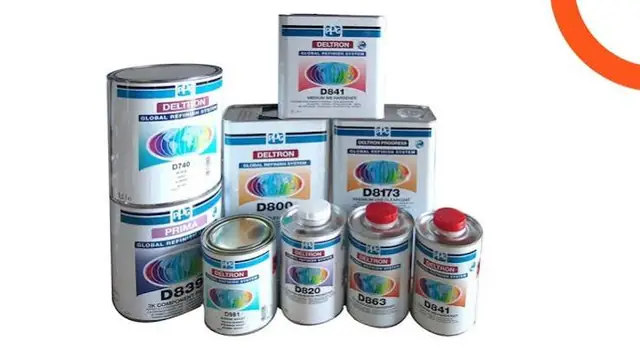Tins of automotive basecoat and clearcoat paint