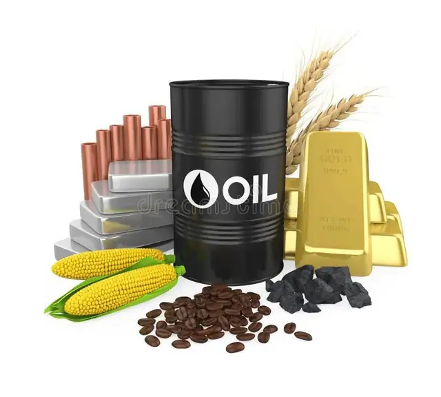Raw materials: copper, aluminium, oil drum, gold bars, corn, wheat, coffee and coal